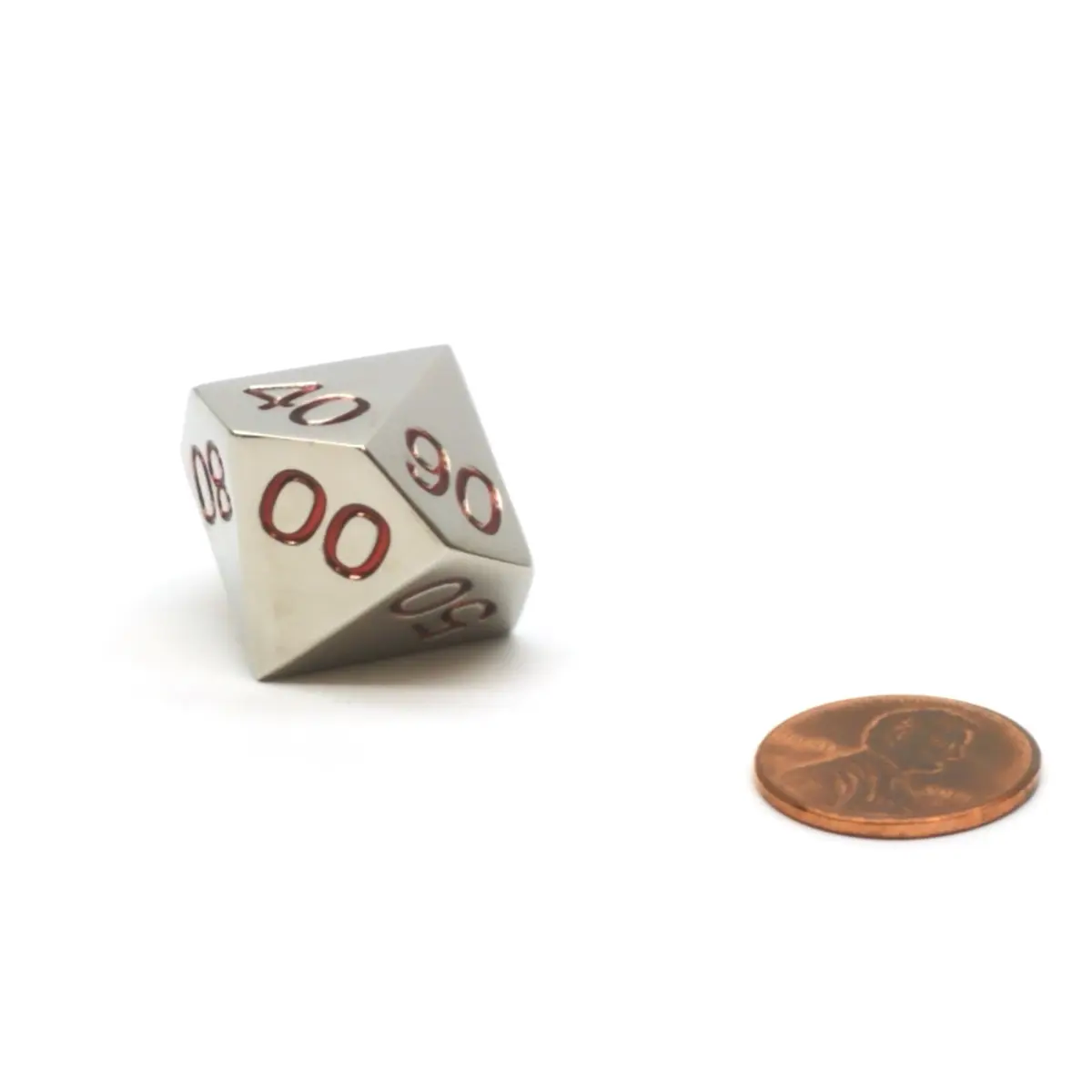 Single D10 20mm Numbered 00 to 90 Tens D10 Metal Die - Silver with Red Numbers