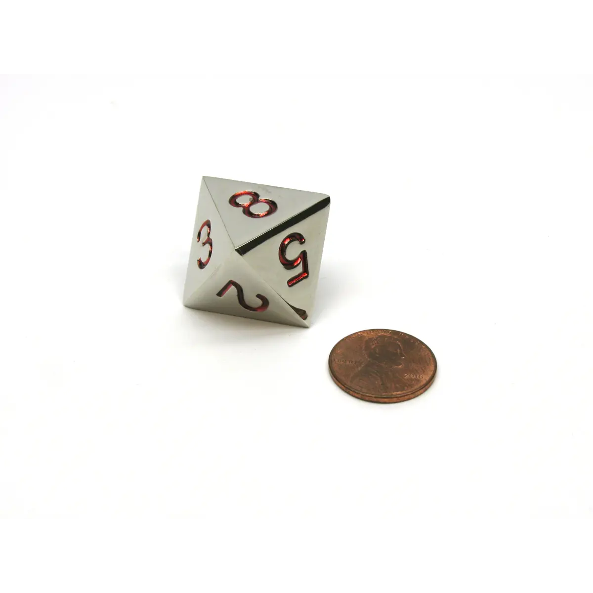 Single D8 20mm Numbered 1 to 8 Metal Die - Silver with Red Numbers