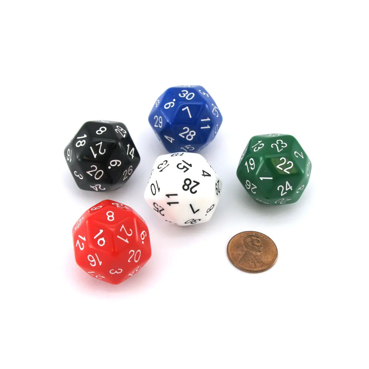 The Dice Lab Numerically-Balanced D30, 5 Pieces - Black, White, Red, Green, Blue