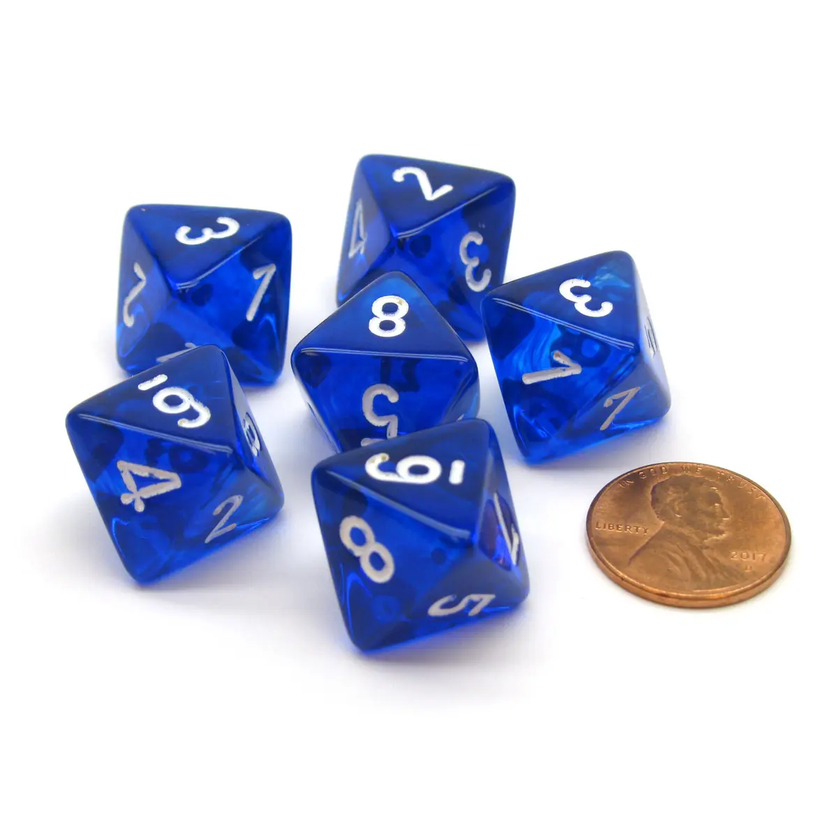 Translucent 15mm 8 Sided D8 Chessex Dice, 6 Pieces - Blue with White