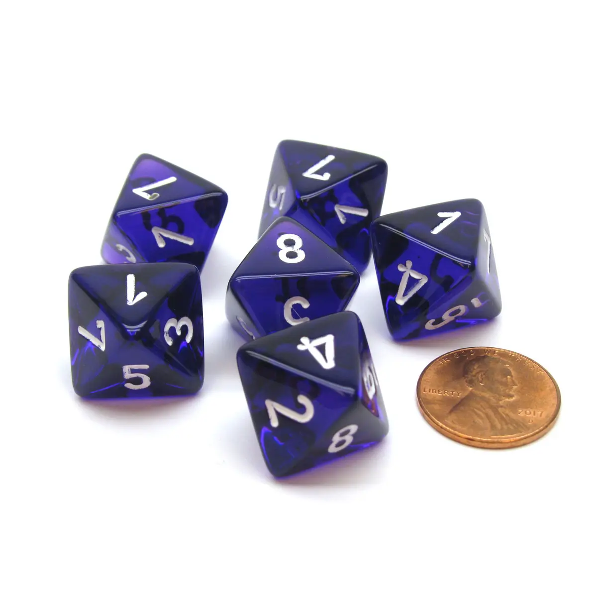 Translucent 15mm 8 Sided D8 Chessex Dice, 6 Pieces - Purple with White