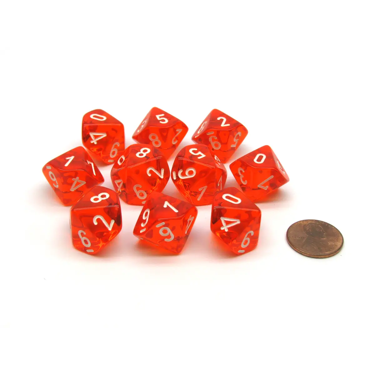 Translucent 16mm D10 (0-9) Chessex Dice, 10 Pieces - Orange with White Numbers