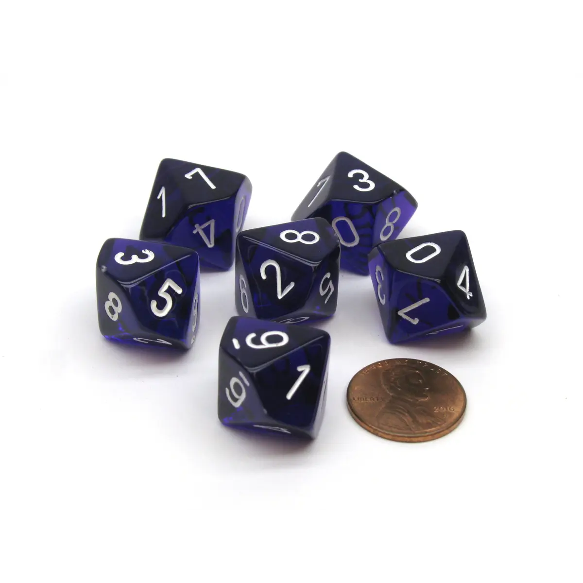 Translucent 16mm D10 (0-9) Chessex Dice, 6 Pieces - Purple with White Numbers
