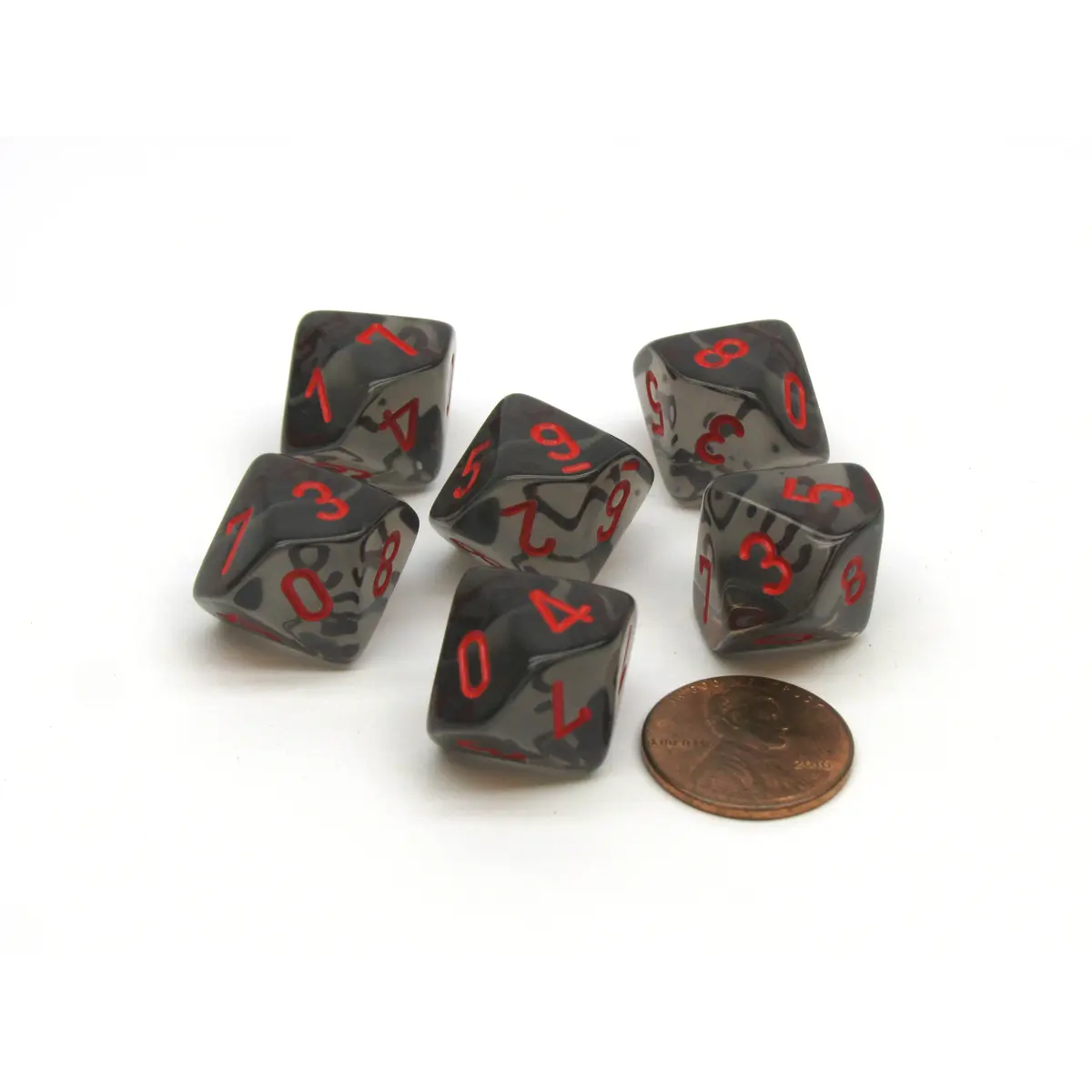 Translucent 16mm D10 (0-9) Chessex Dice, 6 Pieces - Smoke with Red Numbers