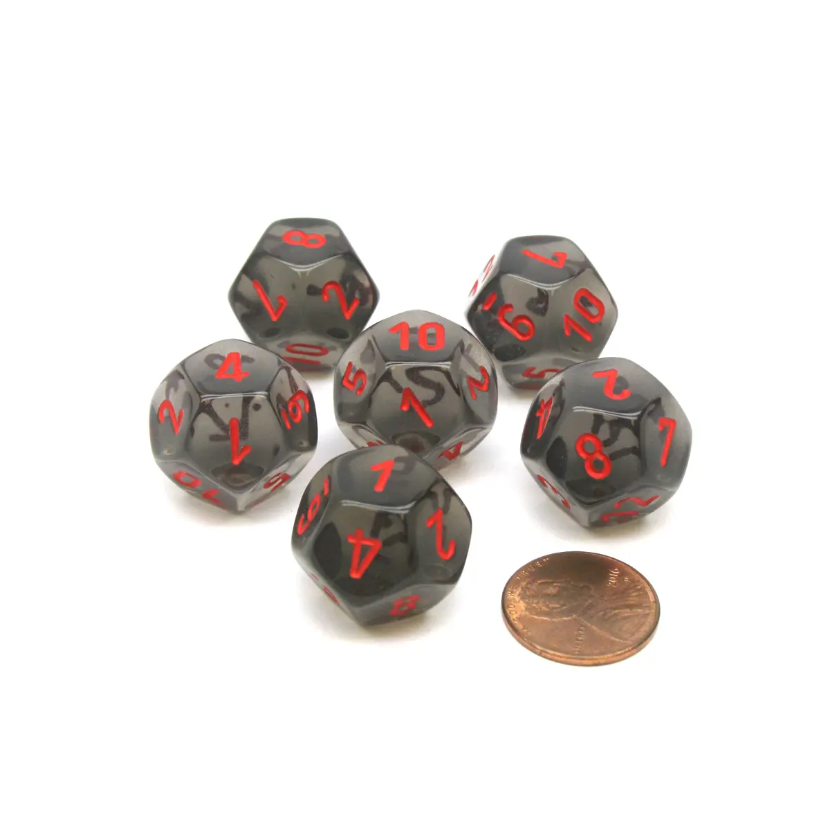 Translucent 18mm 12 Sided D12 Chessex Dice, 6 Pieces - Smoke with Red Numbers