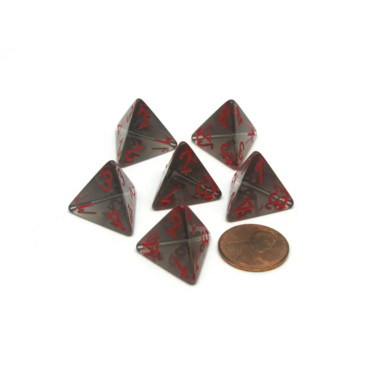 Translucent 18mm 4 Sided D4 Chessex Dice, 6 Pieces - Smoke with Red Numbers