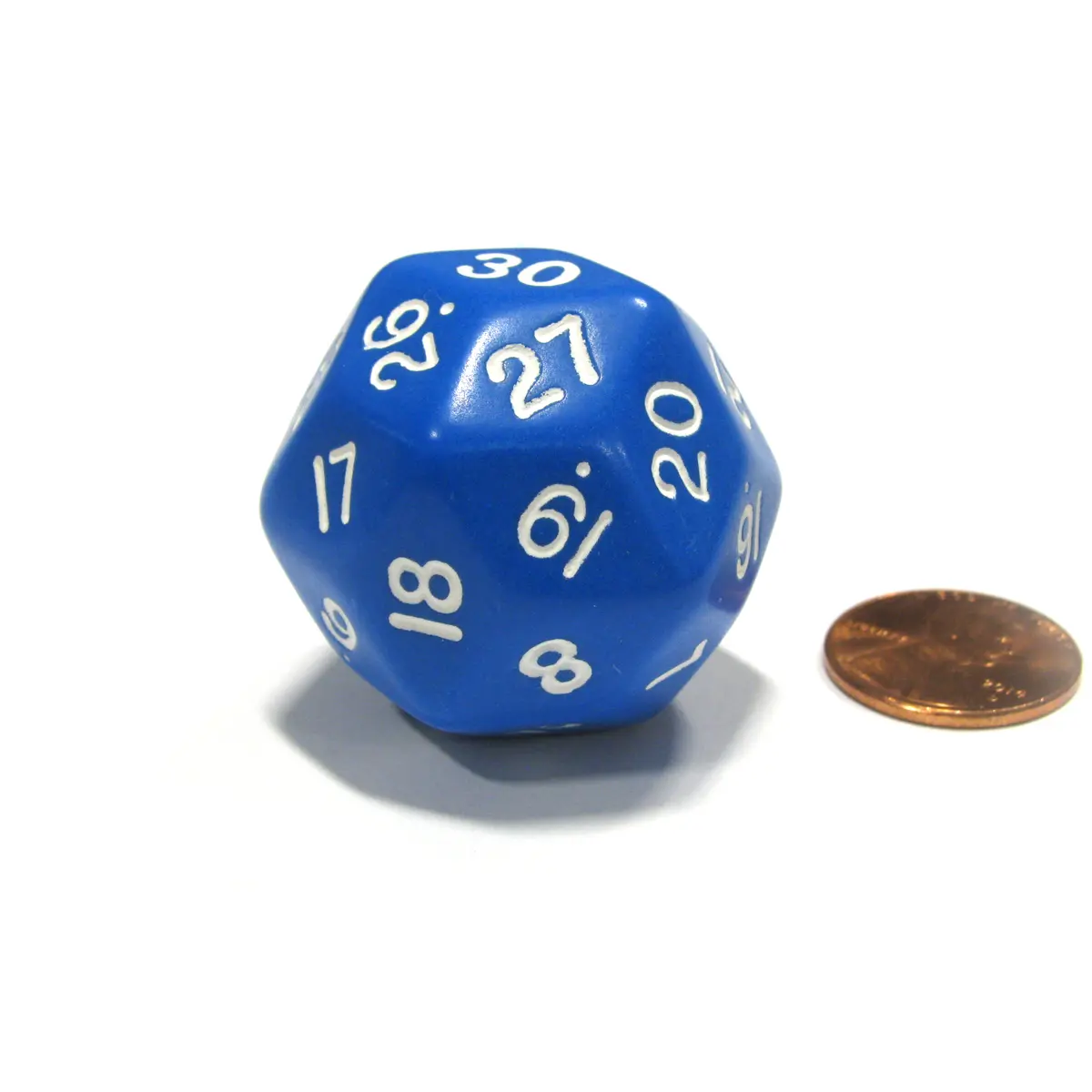 Triantakohedron D30 30 Sided 33mm Jumbo RPG Gaming Dice - Blue w White Number