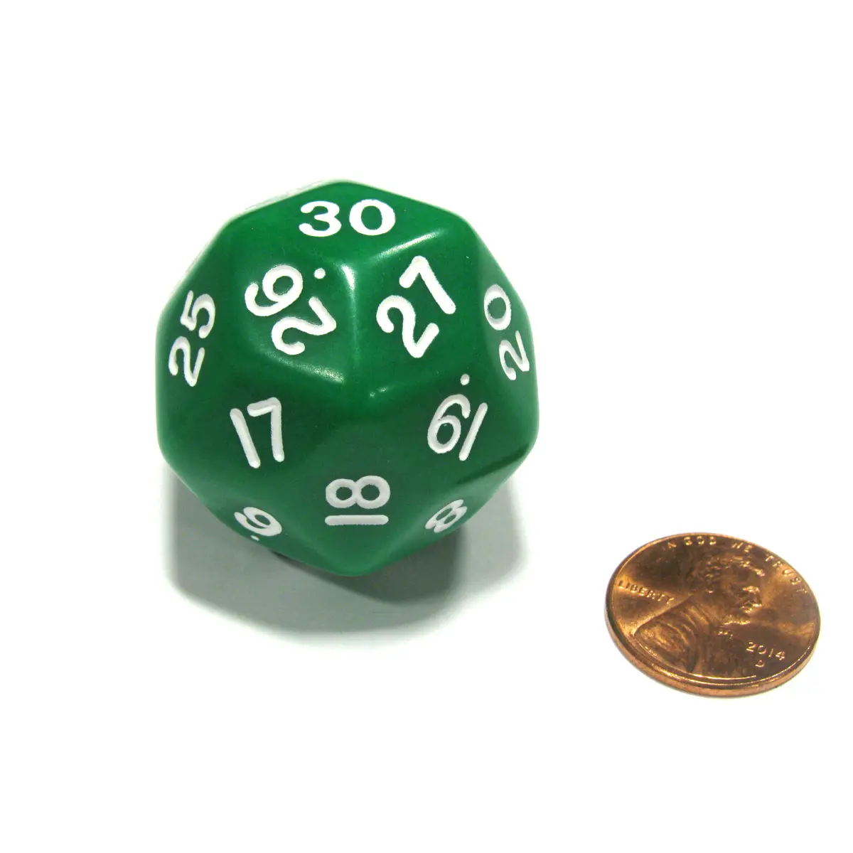 Triantakohedron D30 30 Sided 33mm Jumbo RPG Gaming Dice - Green w White Number
