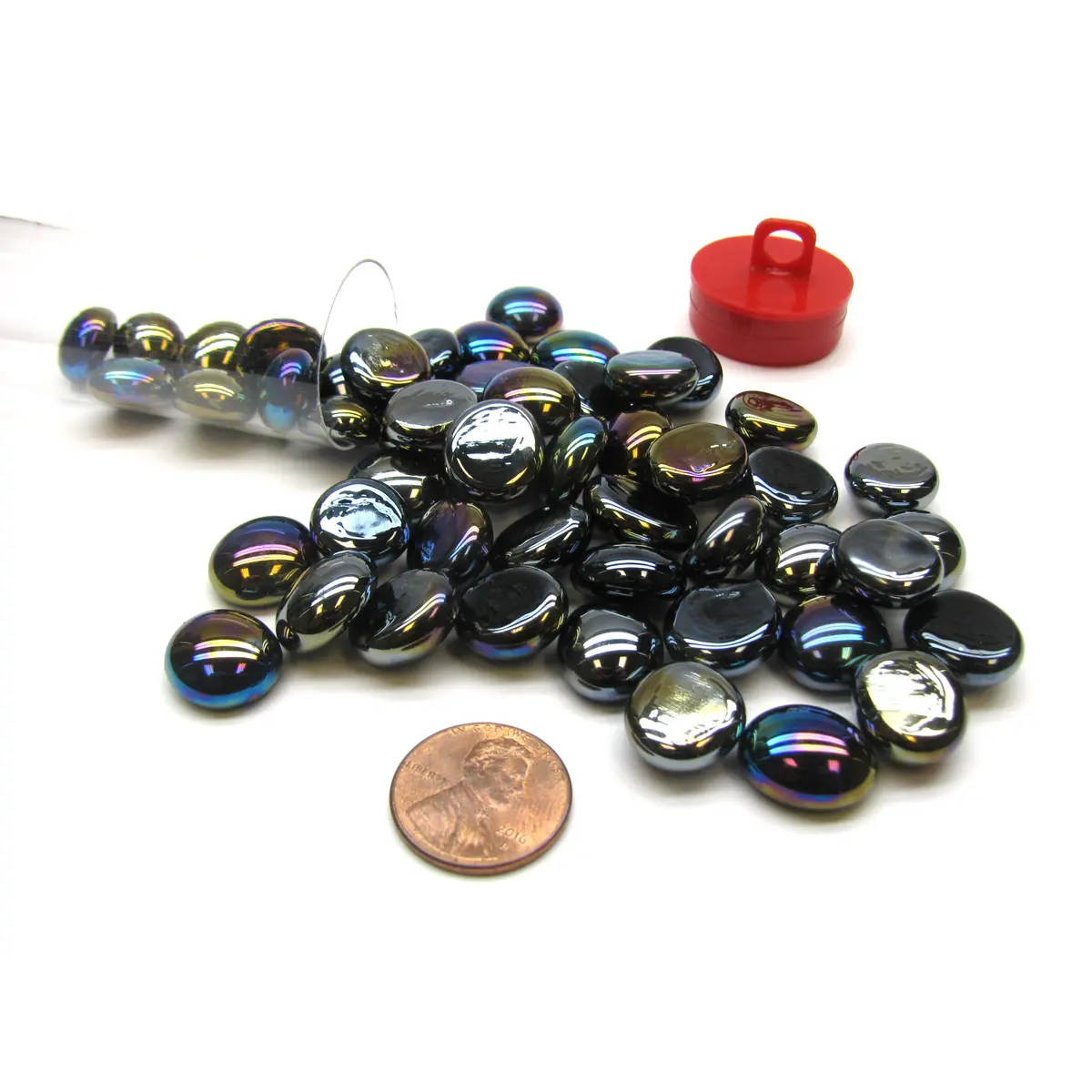 Tube of 40 Glass Gaming Stones (12-15mm) - Black Opal Iridized