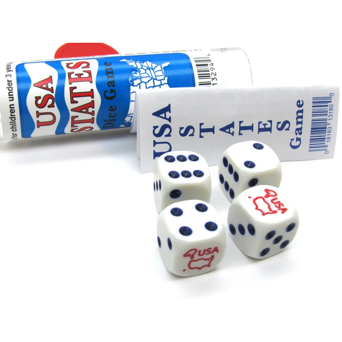 USA States Dice Game 4 Dice Set with Travel Tube and Instructions