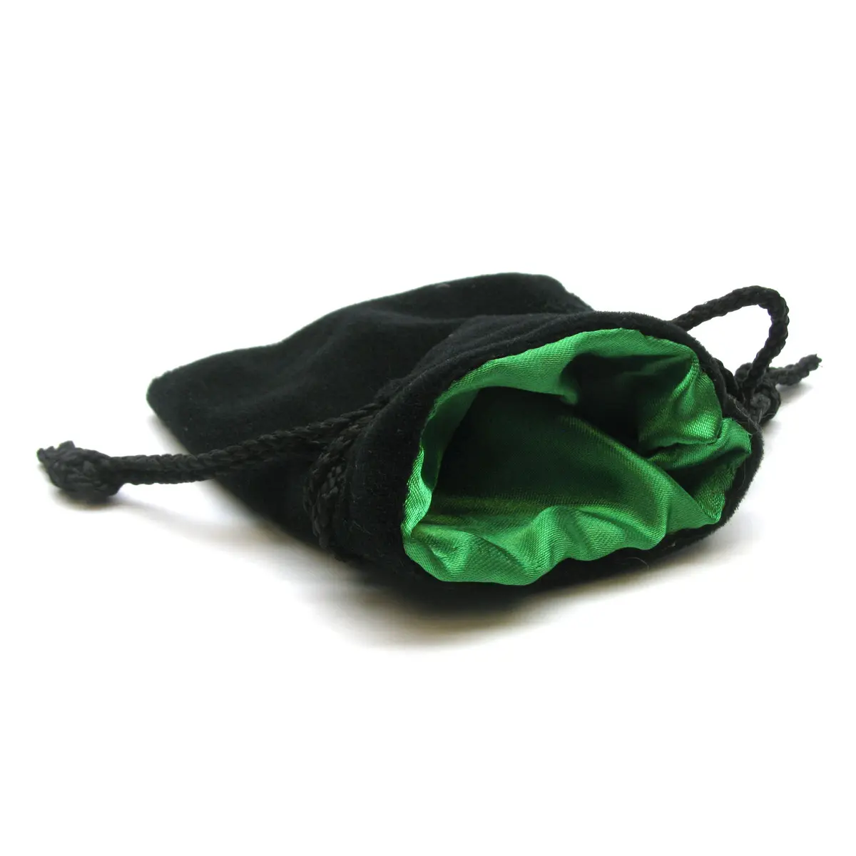 Velvet Dice Bag with Drawstring 3.75"x4" - Black with Green Interior