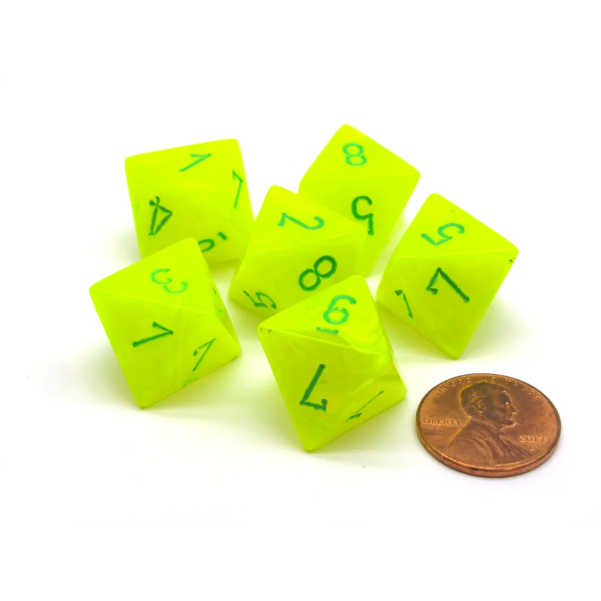 Vortex 15mm 8 Sided D8 Chessex Dice, 6 Pieces - Electric Yellow with Green