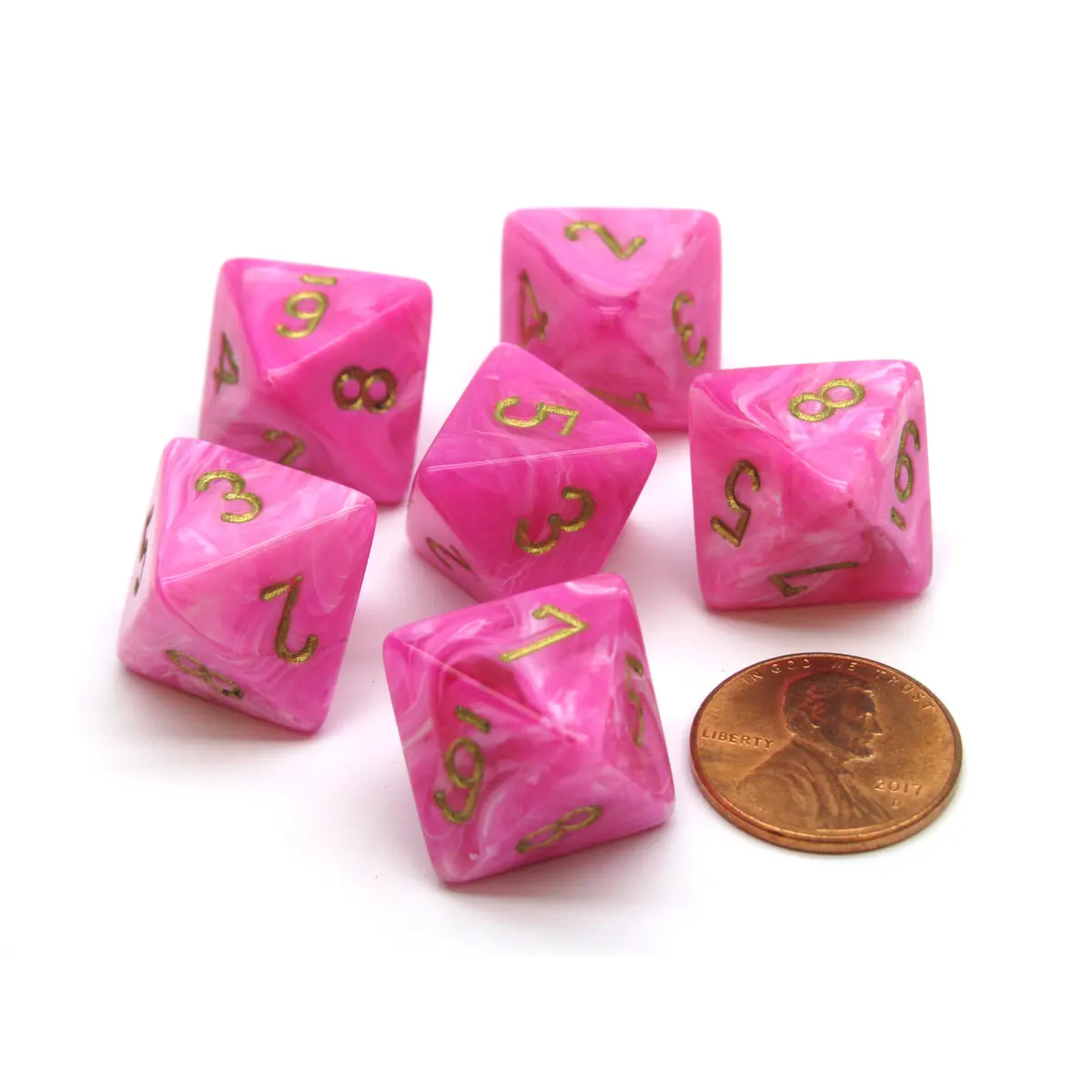 Vortex 15mm 8 Sided D8 Chessex Dice, 6 Pieces - Pink with Gold