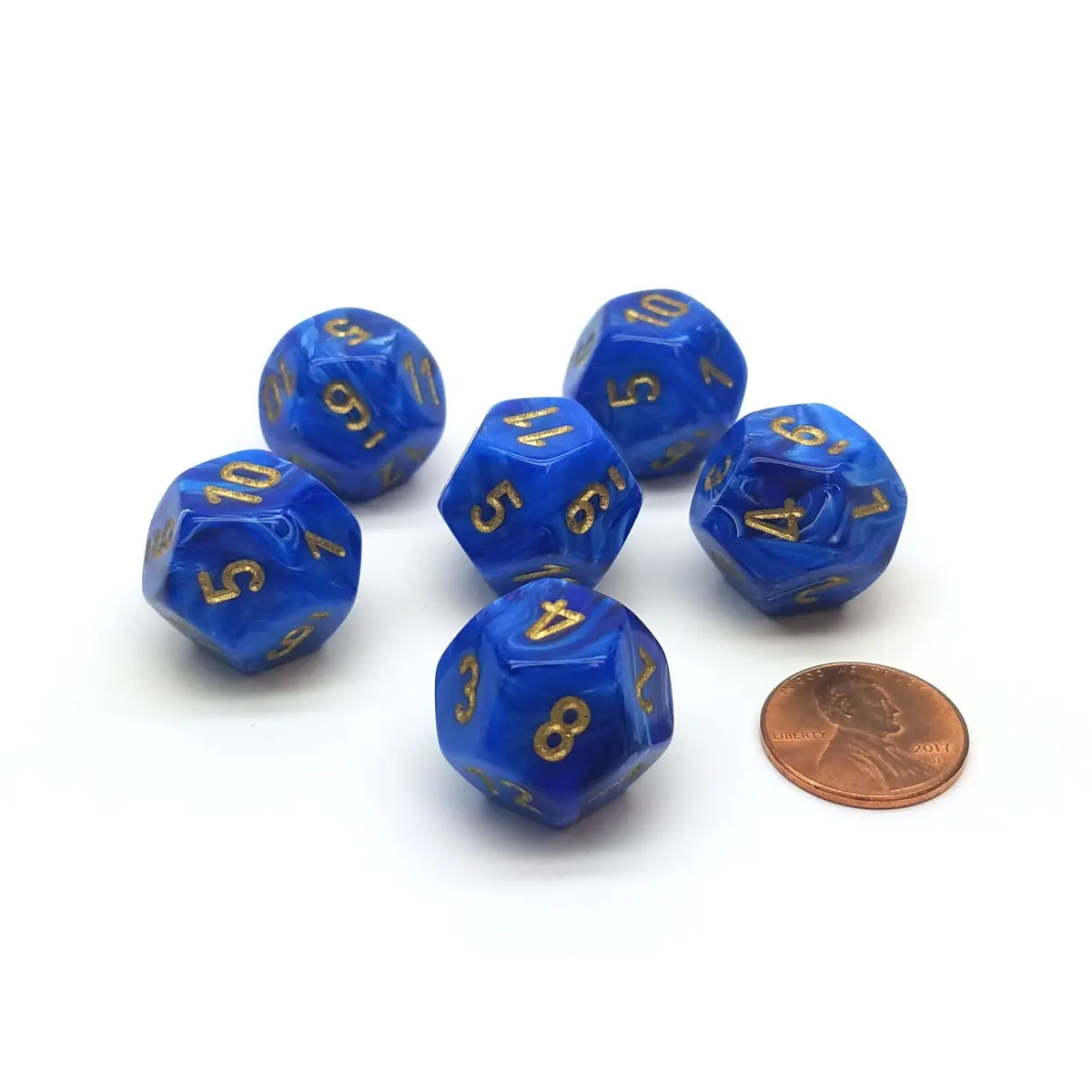 Vortex 18mm 12 Sided D12 Chessex Dice, 6 Pieces - Blue with Gold