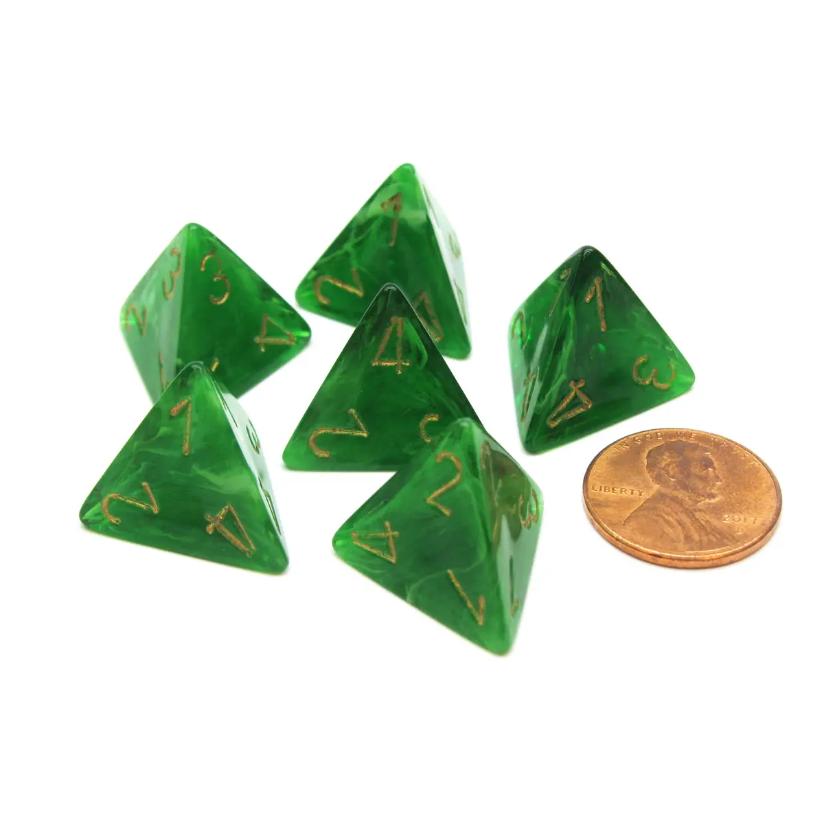 Vortex 18mm 4 Sided D4 Chessex Dice, 6 Pieces - Green with Gold