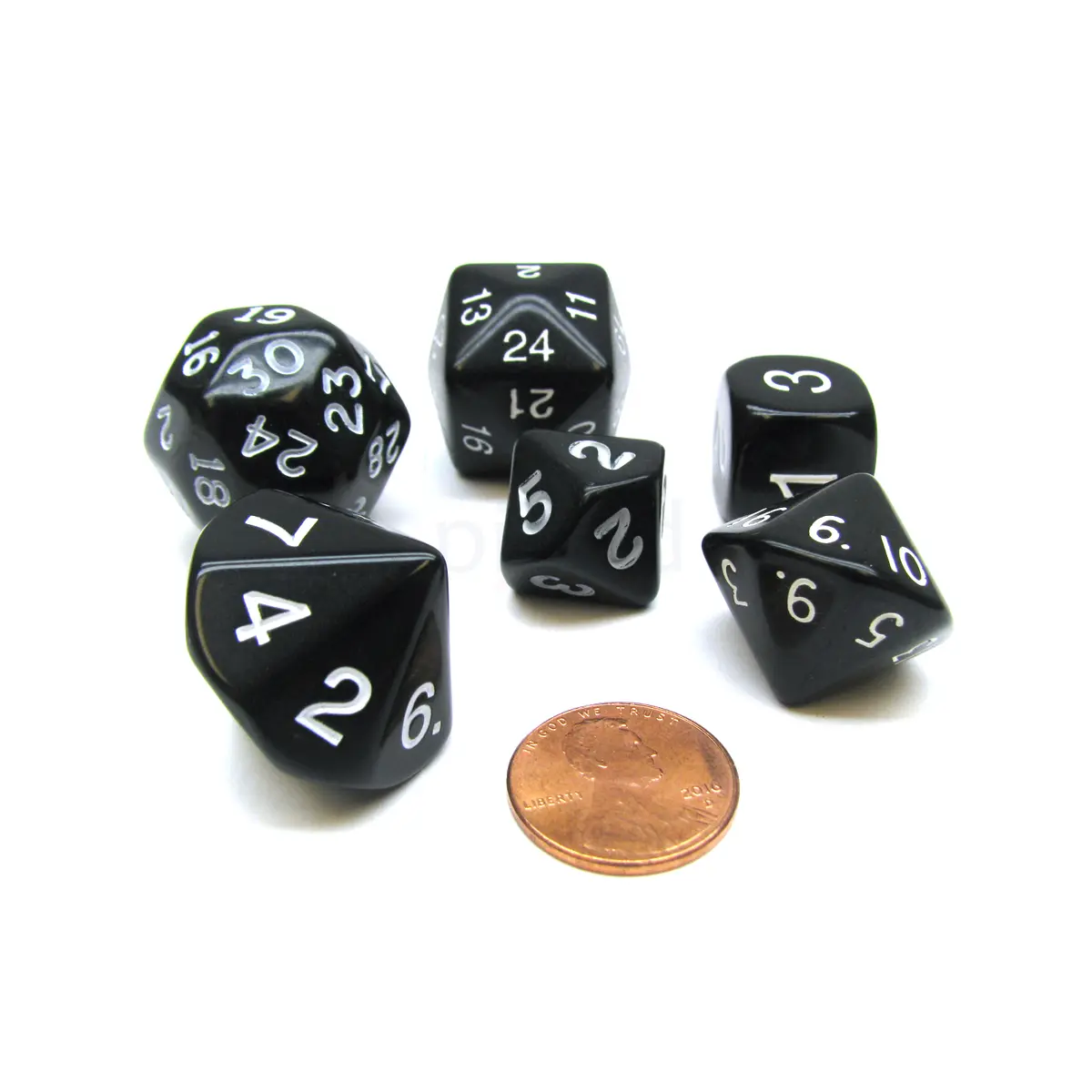 Who Knew Dice Set, 6 Pack of Unique D3, D5, D7, D16, D24, D30 Dice - Black