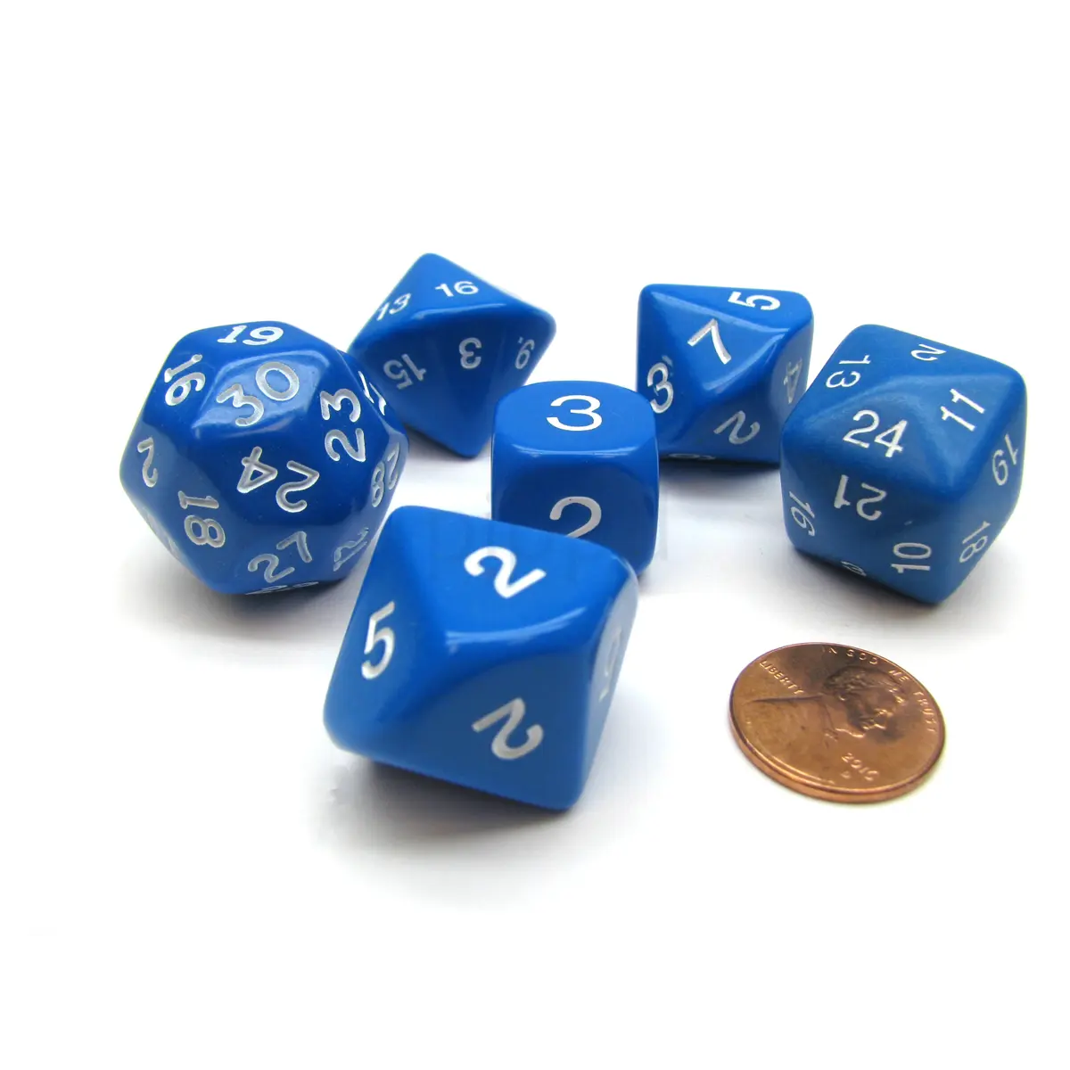 Who Knew Dice Set, 6 Pack of Unique D3, D5, D7, D16, D24, D30 Dice - Blue