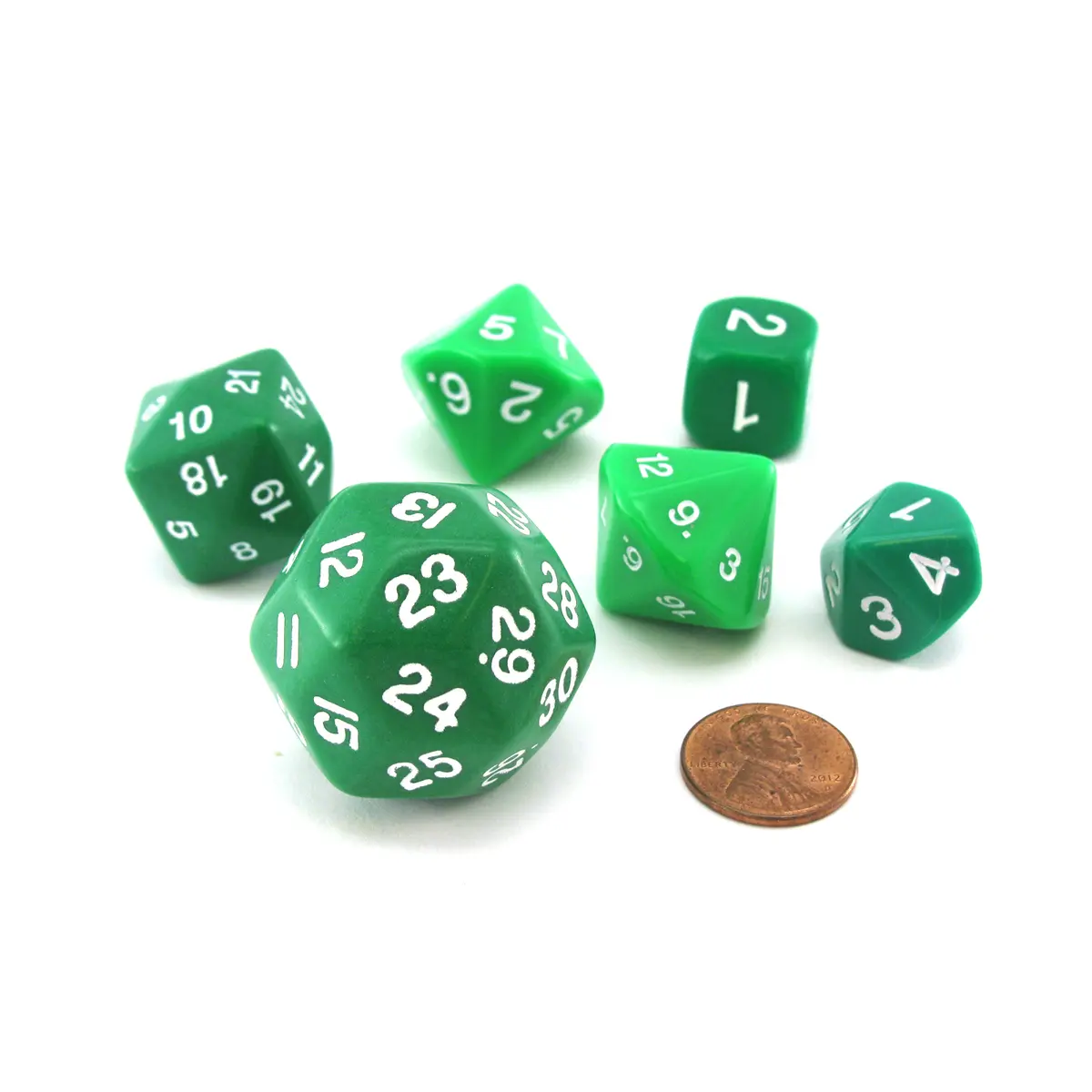 Who Knew Dice Set, 6 Pack of Unique D3, D5, D7, D16, D24, D30 Dice - Green