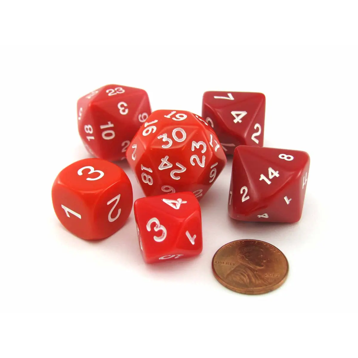 Who Knew Dice Set, 6 Pack of Unique D3, D5, D7, D16, D24, D30 Dice - Red