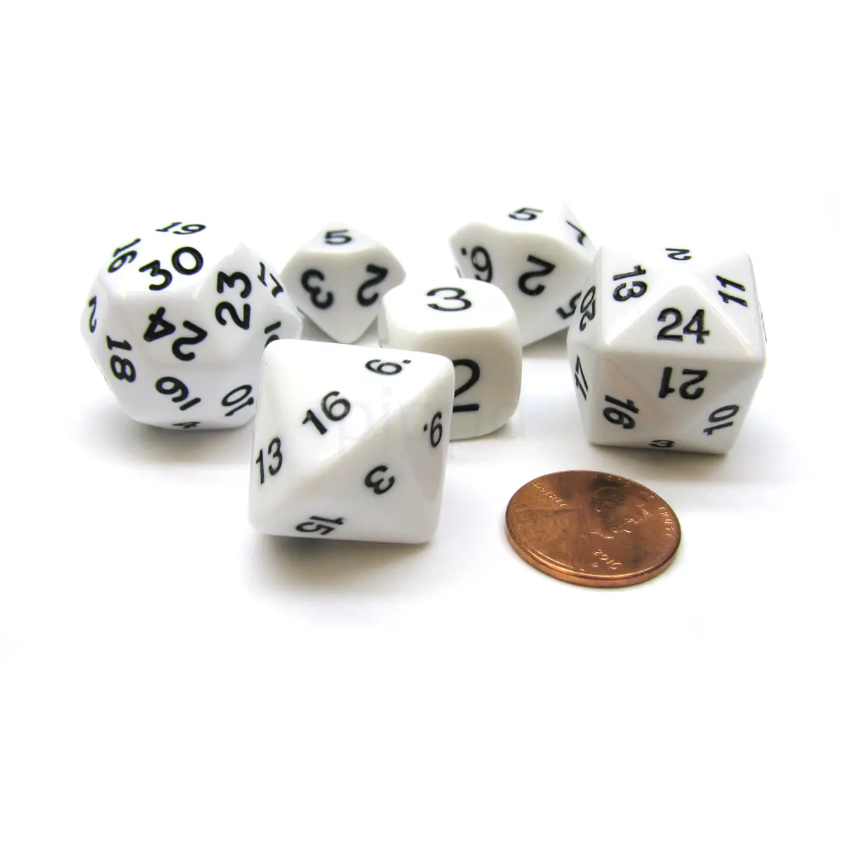 Who Knew Dice Set, 6 Pack of Unique D3, D5, D7, D16, D24, D30 Dice - White